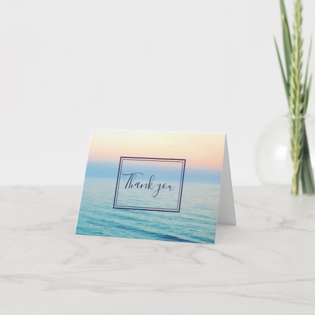 Sunset Skies Ocean Beach Blue Wedding Thank You Card (Front)