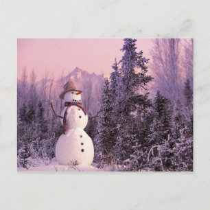 Sunset Snowman in the Winter Mountains Postcard