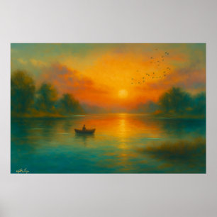 Sunset Solitude - Fisherman in Golden Reflection Poster