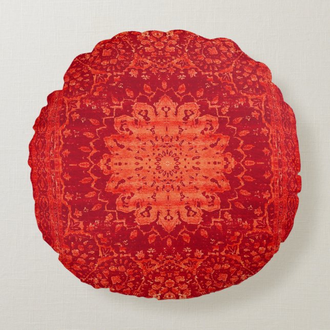 Sunset Souk: Orange Marrakesh Moroccan Pattern Round Cushion (Front)