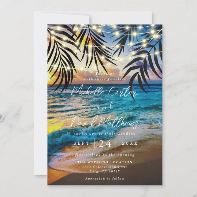 Sunset String Lights Beach Wedding Invitation (Front)