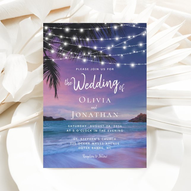Sunset String Lights Tropical Beach Wedding Invitation (Creator Uploaded)