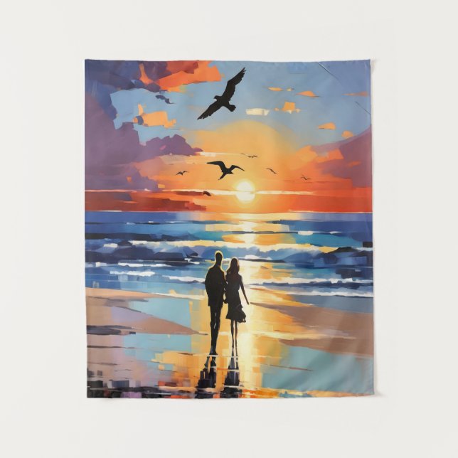 Sunset Stroll Expressionist Romantic Beach Scene Tapestry (Front)