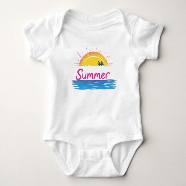 Sunset Summer Beach Illustration  Baby Bodysuit (Front)