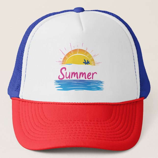 Sunset Summer Beach Illustration Trucker Hat (Front)