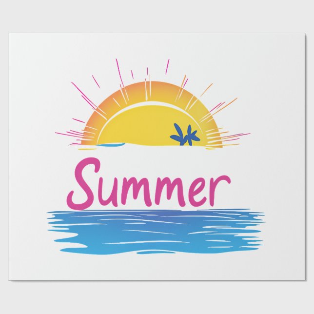 Sunset Summer Beach Illustration Wrapping Paper (Flat)