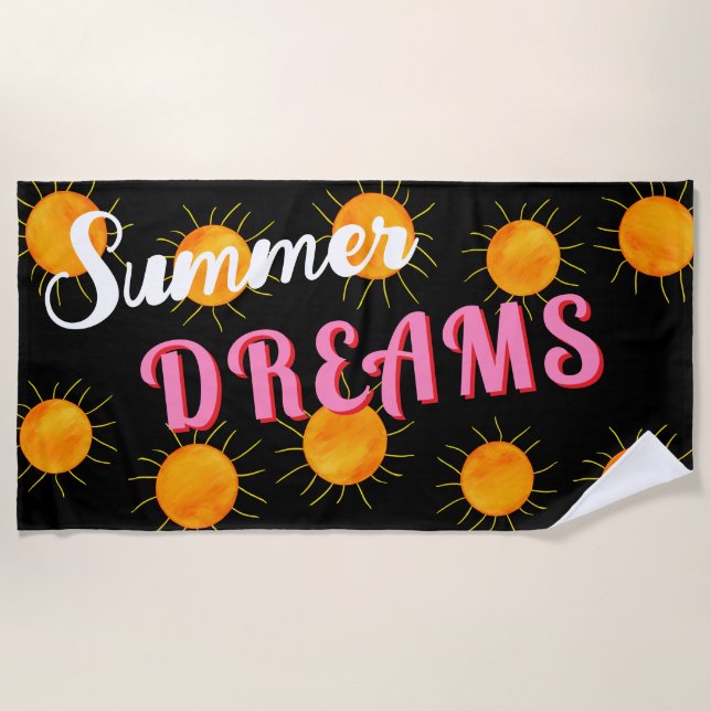 Sunset Summer Dreams Pink Black Beach Towel (Front)