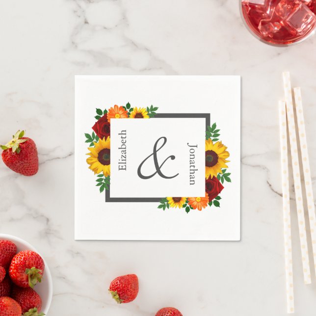 Sunset Sunflower Rose Floral Wedding Napkin (Insitu)