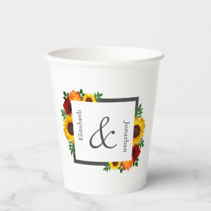 Sunset Sunflower Rose Floral Wedding Paper Cups