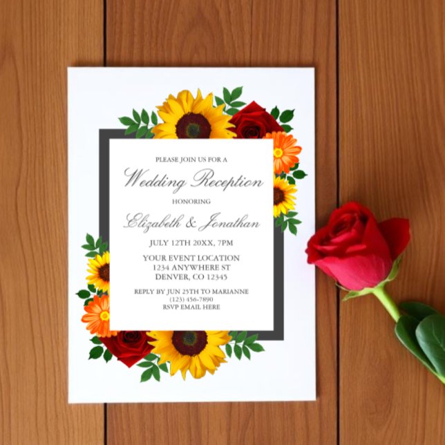 Sunset Sunflower Rose Floral Wedding Reception Invitation (Creator Uploaded)