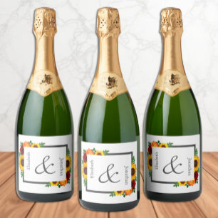 Sunset Sunflower Rose Floral Wedding Sparkling Wine Label