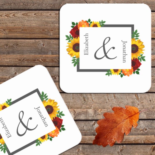 Sunset Sunflower Rose Floral Wedding Square Paper Coaster (Creator Uploaded)