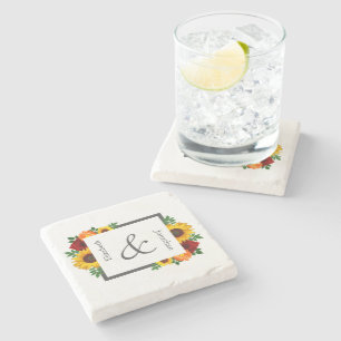 Sunset Sunflower Rose Floral Wedding Stone Coaster
