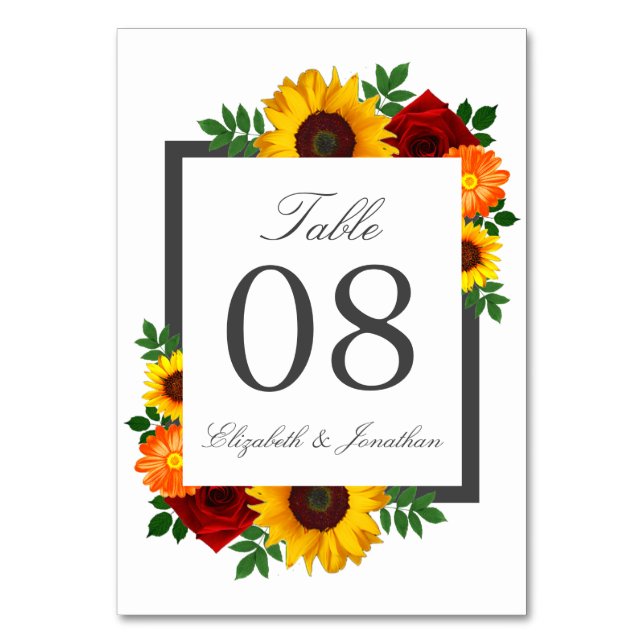 Sunset Sunflower Rose Floral Wedding Table Number (Front)