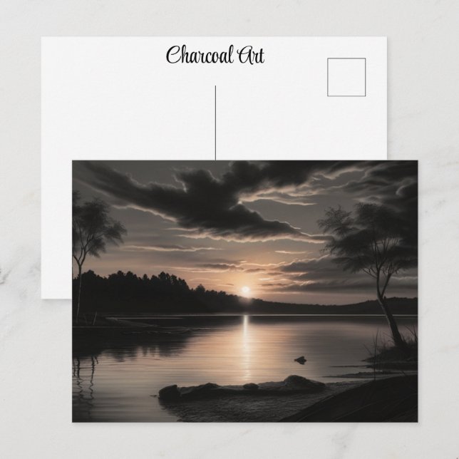 Sunset Sunrise Glassy Lake Charcoal Pencil Art  Postcard (Front/Back)