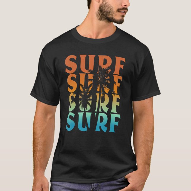 Sunset Surf Palm Tree Cool Beach Vacation Surfing T-Shirt (Front)