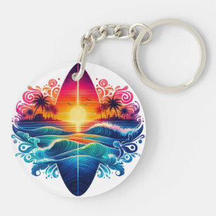 Sunset Surfboard Curls Key Ring