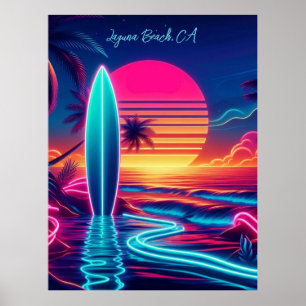 Sunset Surfboard Neon Lights- Poster