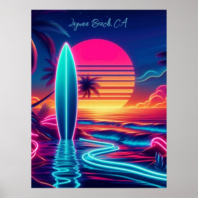 Sunset Surfboard Neon Lights- Poster (Front)