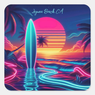 Sunset Surfboard Neon Lights- Square Sticker