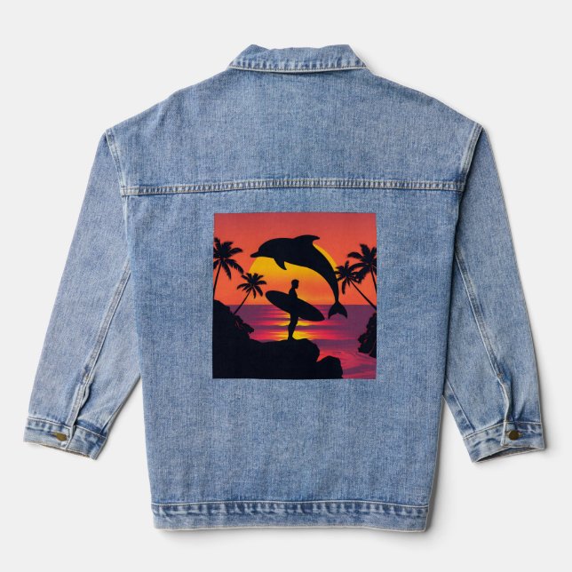 Sunset Surfer and Dolphin Silhouette Tropical Beac Denim Jacket (Back)
