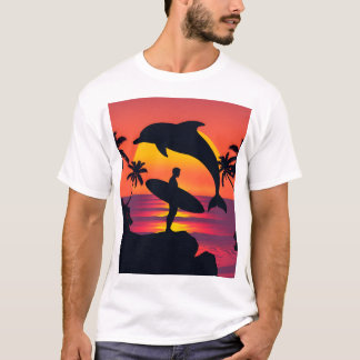 Sunset Surfer and Dolphin Silhouette Tropical Beac T-Shirt
