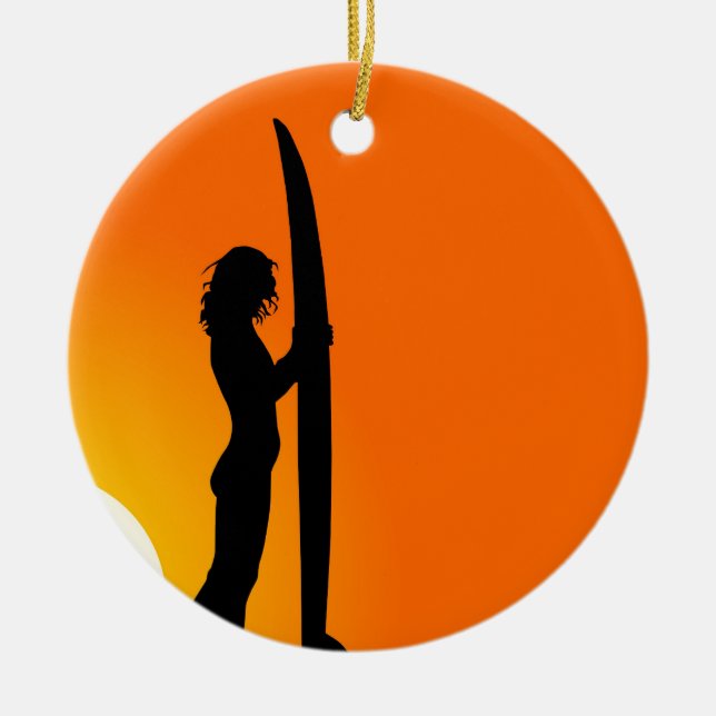 Sunset Surfer Girl with surfboard Ceramic Tree Decoration (Front)
