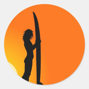 Sunset Surfer Girl with surfboard Classic Round Sticker