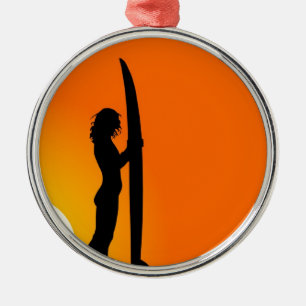 Sunset Surfer Girl with surfboard Metal Tree Decoration