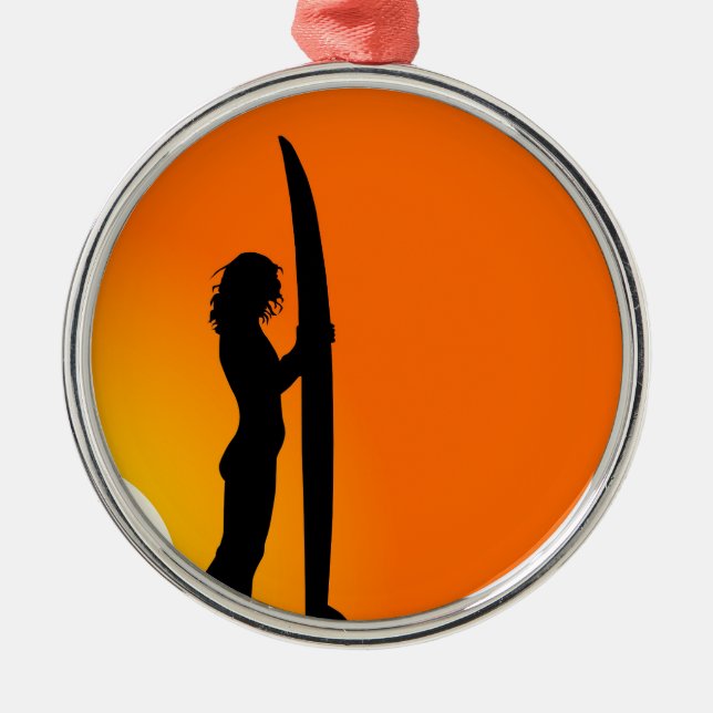 Sunset Surfer Girl with surfboard Metal Tree Decoration (Front)