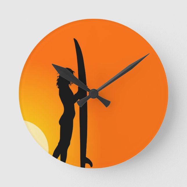 Sunset Surfer Girl with surfboard Round Clock (Front)