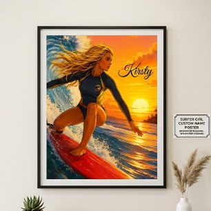 Sunset Surfer Girl with surfboard, Sun, Sand Surf Poster