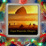 Sunset Surfing and Biking Cape Kiwanda Oregon Metal Tree Decoration<br><div class="desc">It's sunset on a sunny summer September day at Cape Kiwanda in Pacific Beach, Oregon. The amazing basalt seastack in the background is silhouetted with the unusual chute of rock to the right. The sun is dipping in the sky, but people are grabbing the last rays on surfboards, on foot...</div>