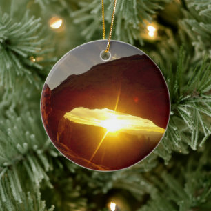 Sunset through Double O Arch, Arches National Park Ceramic Tree Decoration