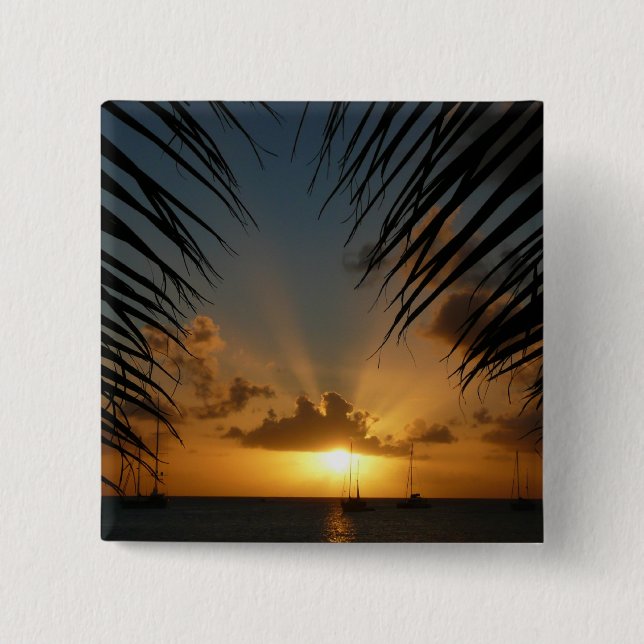 Sunset Through Palm Fronds Tropical Seascape 15 Cm Square Badge (Front)