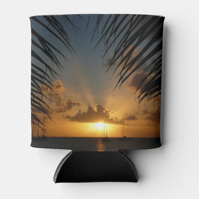 Sunset Through Palm Fronds Tropical Seascape Can Cooler (Front)