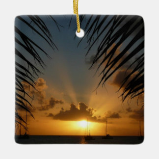 Sunset Through Palm Fronds Tropical Seascape Ceramic Tree Decoration