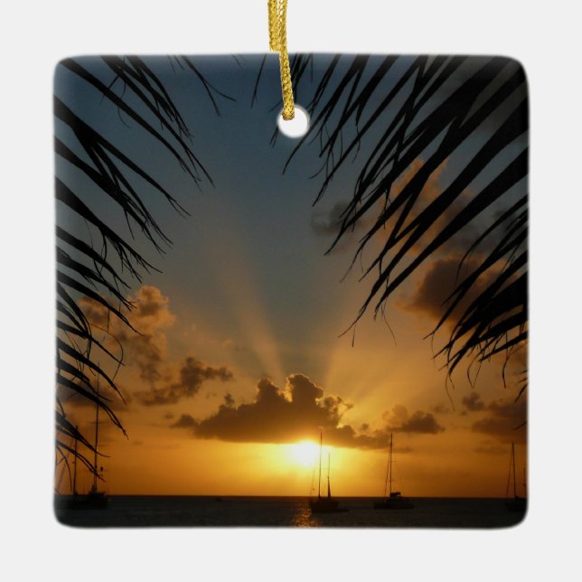 Sunset Through Palm Fronds Tropical Seascape Ceramic Tree Decoration (Front)