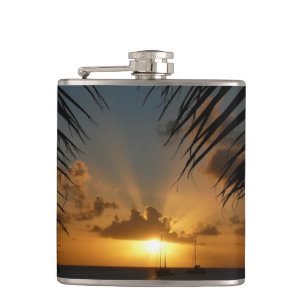 Sunset Through Palm Fronds Tropical Seascape Hip Flask