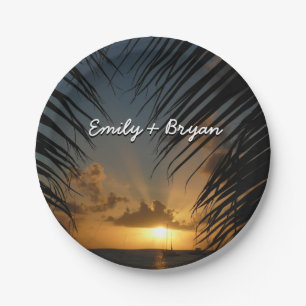 Sunset Through Palm Fronds Tropical Seascape Paper Plate
