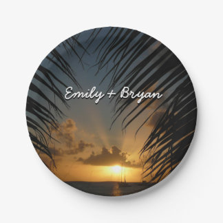 Sunset Through Palm Fronds Tropical Seascape Paper Plate