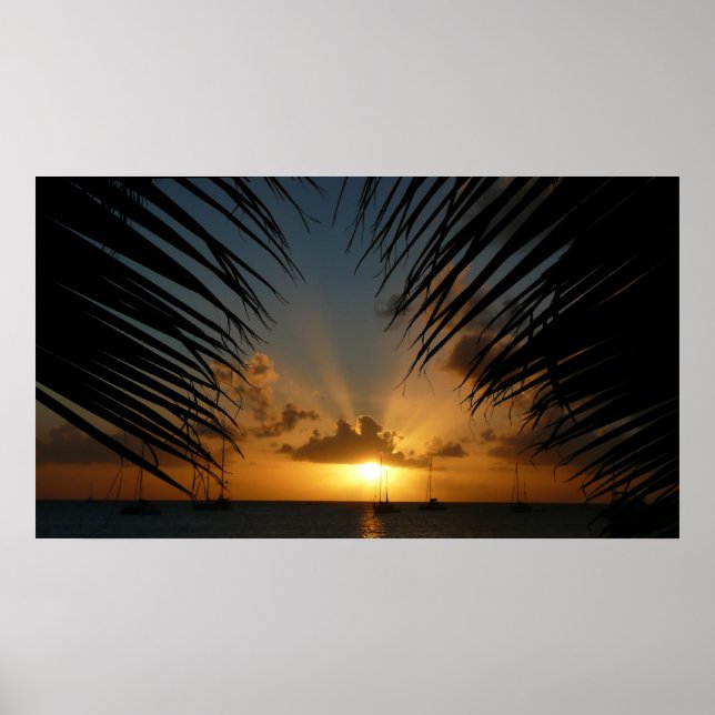 Sunset Through Palm Fronds Tropical Seascape Poster (Front)