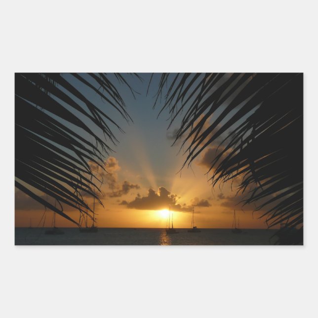 Sunset Through Palm Fronds Tropical Seascape Rectangular Sticker (Front)