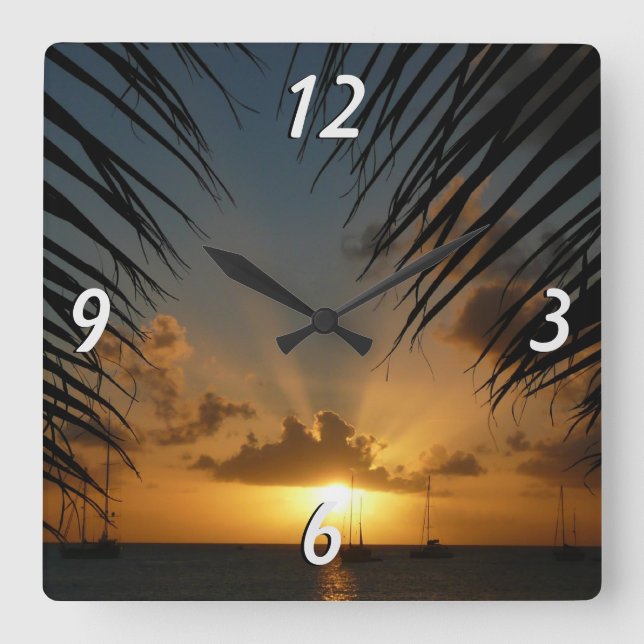 Sunset Through Palm Fronds Tropical Seascape Square Wall Clock (Front)