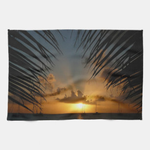 Sunset Through Palm Fronds Tropical Seascape Tea Towel