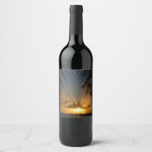 Sunset Through Palm Fronds Tropical Seascape Wine Label