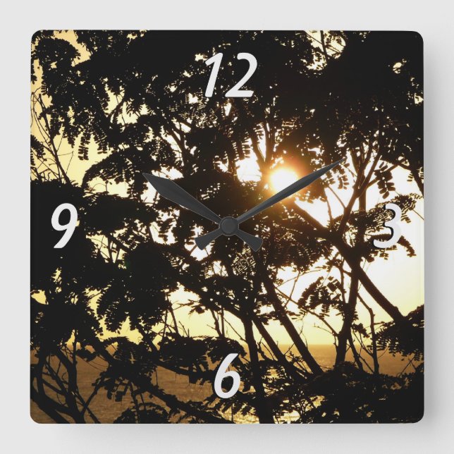 Sunset Through Trees I Tropical Photography Square Wall Clock (Front)