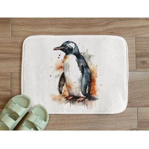  Sunset Tones Watercolor Penguin Bath Mat