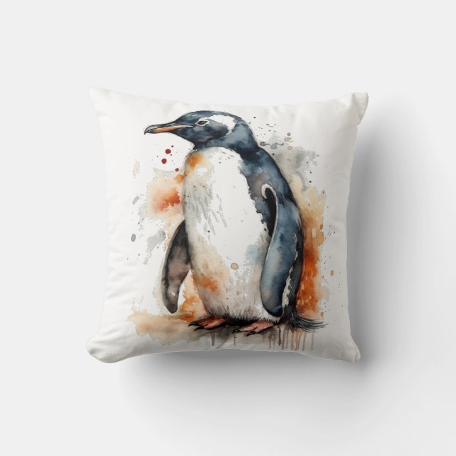 Sunset Tones Watercolor Penguin Cushion (Front)