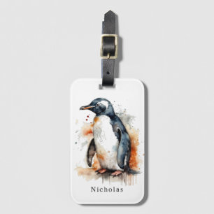 Sunset Tones Watercolor Penguin, custom Luggage Tag